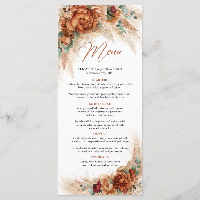 Trendy terracotta pampas grass eucalyptus menu (Front)