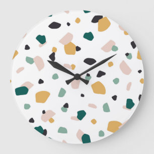 Trendy Terrazzo Green Orange Pink Black Pattern Large Clock