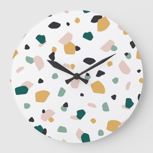 Trendy Terrazzo Green Orange Pink Black Pattern Large Clock (Front)