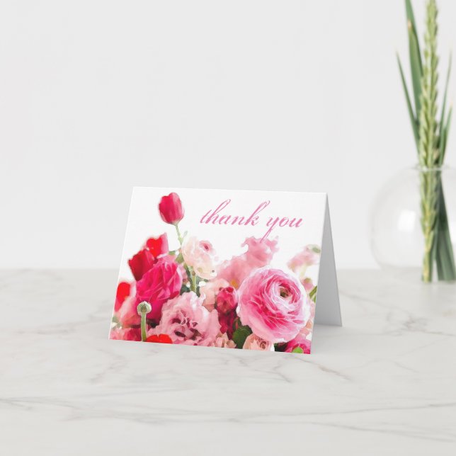 Trendy Thank You Handwritten Script Roses Flowers Card (Front)