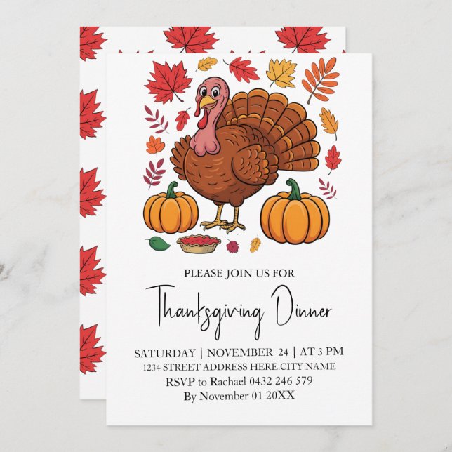 Trendy Thanksgiving Dinner Turkey Pumpkin          Invitation (Front/Back)