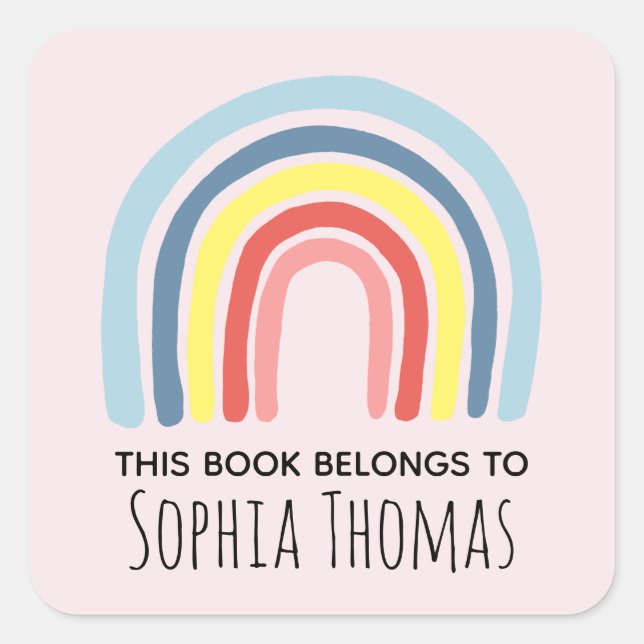 Trendy 'This Book Belongs' Rainbow Kids Bookplate Square Sticker (Front)
