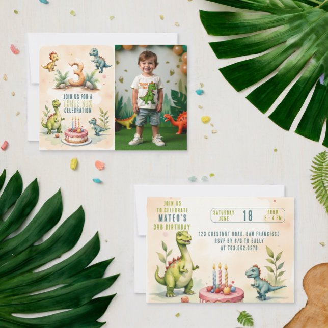 Trendy Three-Rex Dinosaur  3rd Birthday Photo Invitation (Creator Uploaded)