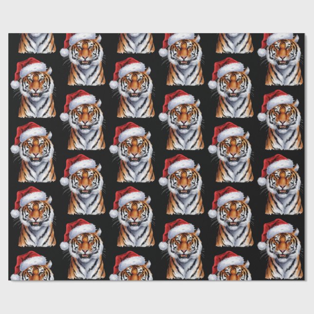 Trendy Tiger with Santa Hat Christmas Black  Wrapping Paper (Flat)