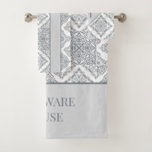 Trendy Tile Print Grey and White Personalized Bath Towel Set