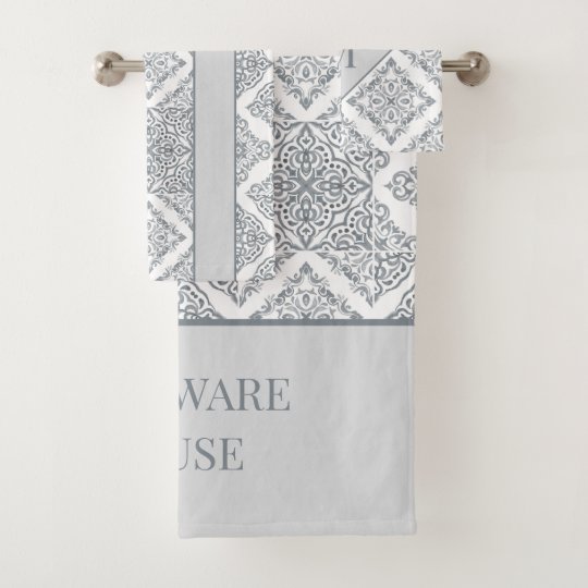 Trendy Tile Print Grey and White Personalized Bath Towel Set Zazzle.ca