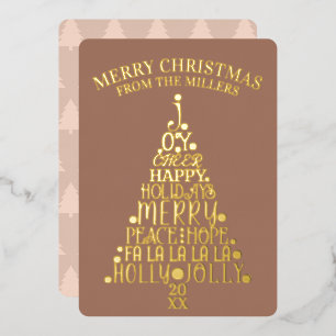 Trendy Tree Non-Photo Minimalist Brown Gold Foil Holiday Card