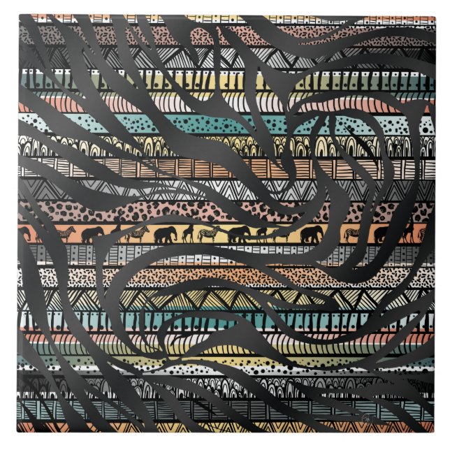 Trendy Tribal African Pattern Zebra Print Tile (Front)