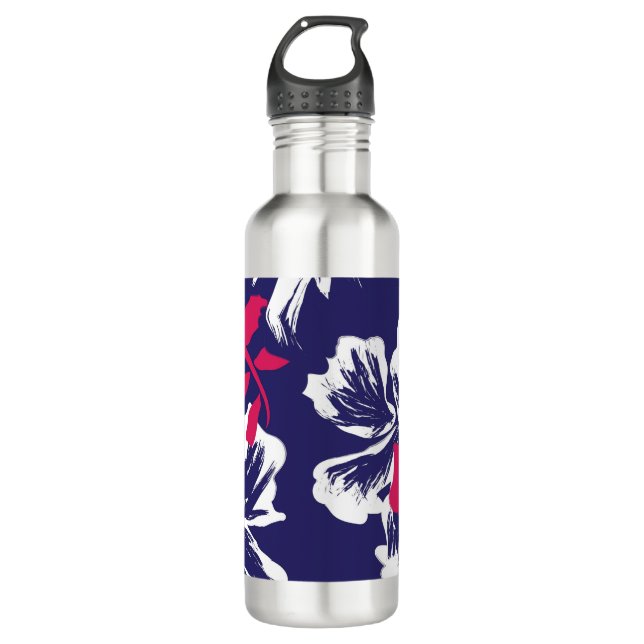 Trendy Tropical Abstract Blue Red Floral Pattern 710 Ml Water Bottle (Front)