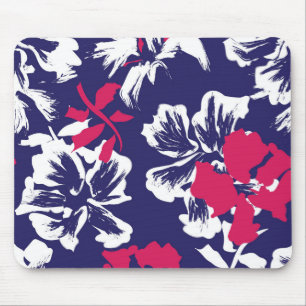Trendy Tropical Abstract Blue Red Floral Pattern Mouse Pad