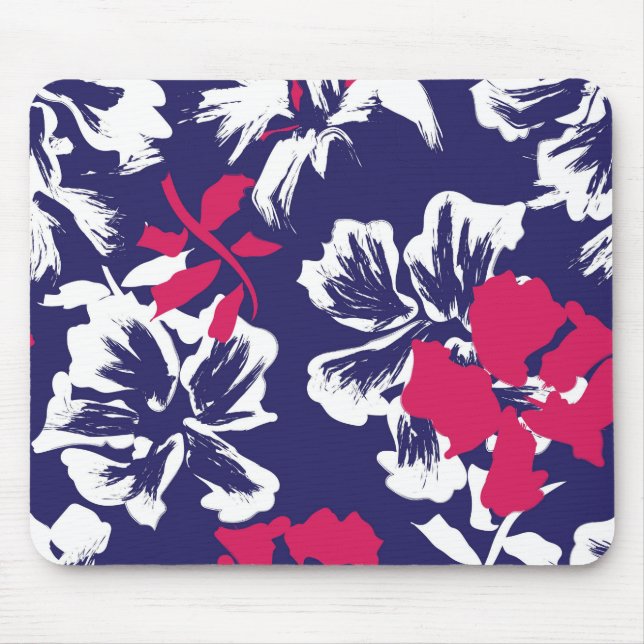 Trendy Tropical Abstract Blue Red Floral Pattern Mouse Pad (Front)