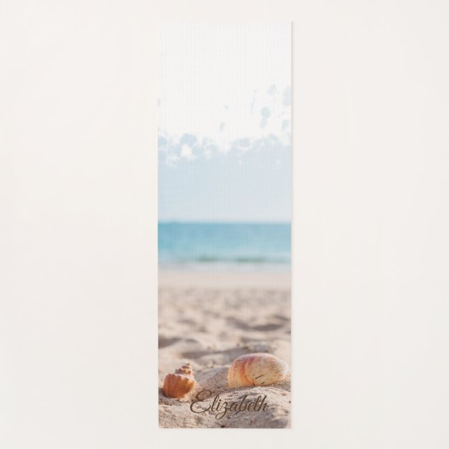 Trendy Tropical Beach, Sand Seashells Yoga Mat (Front)