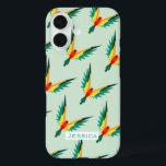 Trendy Tropical Bird Pattern Blue Personalised iPhone 16 Case<br><div class="desc">Geometric style tropical birds in repeat pattern stylish personalised case.</div>