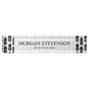 Trendy Tropical Black and White Pineapple Pattern Nameplate