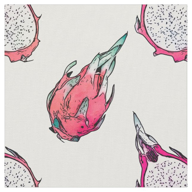 Trendy Tropical Dragon Fruit Halves White Pattern Fabric (Close Up)