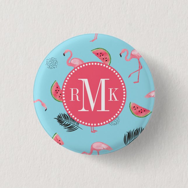 Trendy Tropical Flamingo & Watermelon Pattern 1 Inch Round Button (Front)