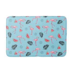Trendy Tropical Flamingo & Watermelon Pattern Bath Mat