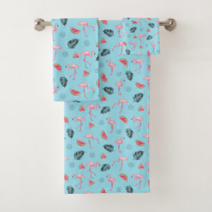 Trendy Tropical Flamingo & Watermelon Pattern Bath Towel Set