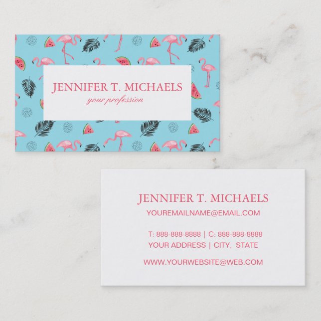 Trendy Tropical Flamingo & Watermelon Pattern Business Card (Front/Back)