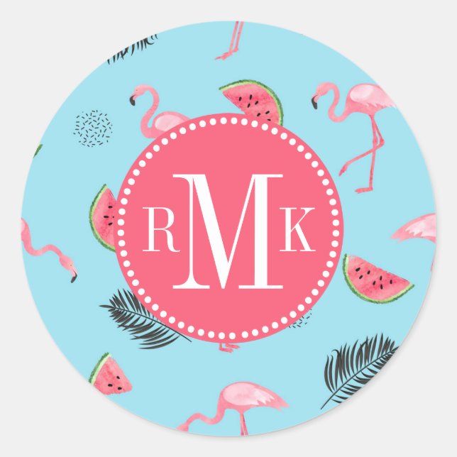 Trendy Tropical Flamingo & Watermelon Pattern Classic Round Sticker (Front)
