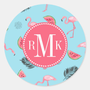 Trendy Tropical Flamingo & Watermelon Pattern Classic Round Sticker