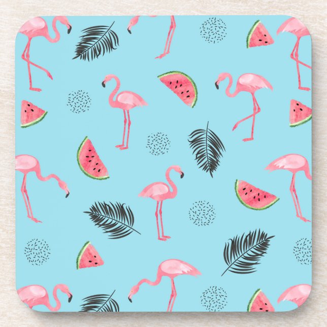 Trendy Tropical Flamingo & Watermelon Pattern Coaster (Front)
