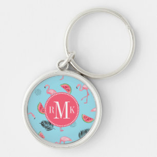 Trendy Tropical Flamingo & Watermelon Pattern Keychain