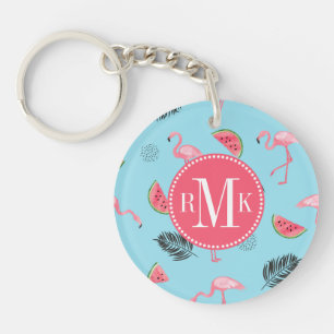 Trendy Tropical Flamingo & Watermelon Pattern Keychain