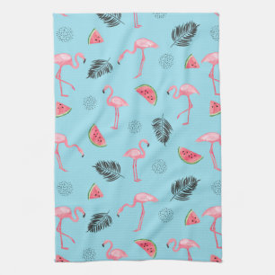 Trendy Tropical Flamingo & Watermelon Pattern Kitchen Towel