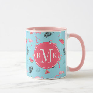 Trendy Tropical Flamingo & Watermelon Pattern Mug