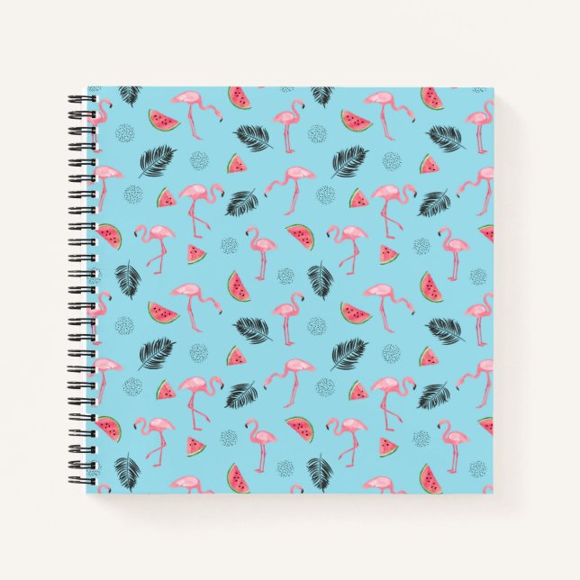 Trendy Tropical Flamingo & Watermelon Pattern Notebook (Front)