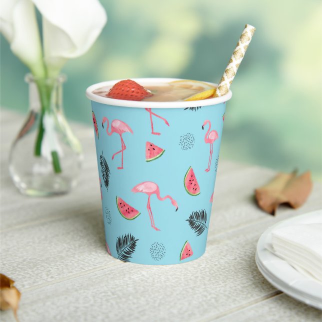 Trendy Tropical Flamingo & Watermelon Pattern Paper Cups (Insitu)