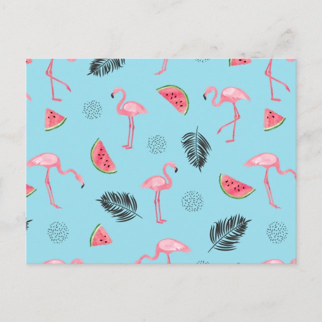 Trendy Tropical Flamingo & Watermelon Pattern Postcard (Front)