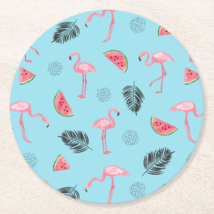 Trendy Tropical Flamingo & Watermelon Pattern Round Paper Coaster