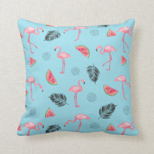Trendy Tropical Flamingo & Watermelon Pattern Throw Pillow