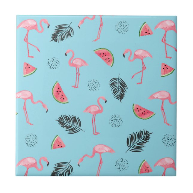 Trendy Tropical Flamingo & Watermelon Pattern Tile (Front)