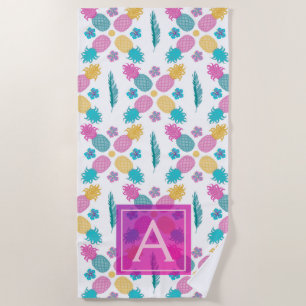 Trendy tropical pineapple colourful leaves beach towel