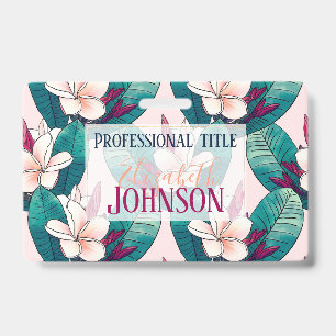 Trendy Tropical Plumeria Flowers Green Foliage Badge