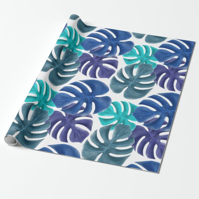 Trendy Tropical Royal Blue & Aqua Monstera Leaves Wrapping Paper (Unrolled)