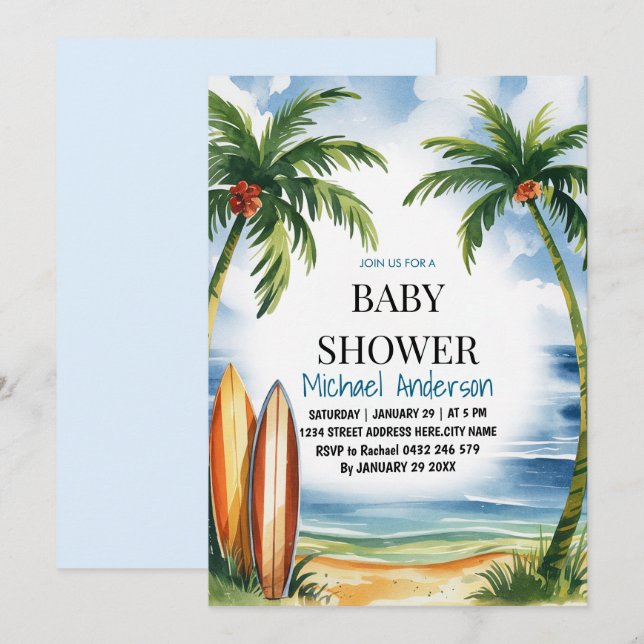 Trendy tropical Summer surfing Beach Baby Shower  Invitation (Front/Back)