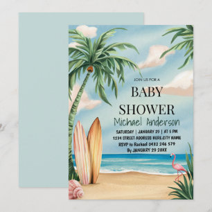Trendy tropical Summer surfing Beach Baby Shower Invitation