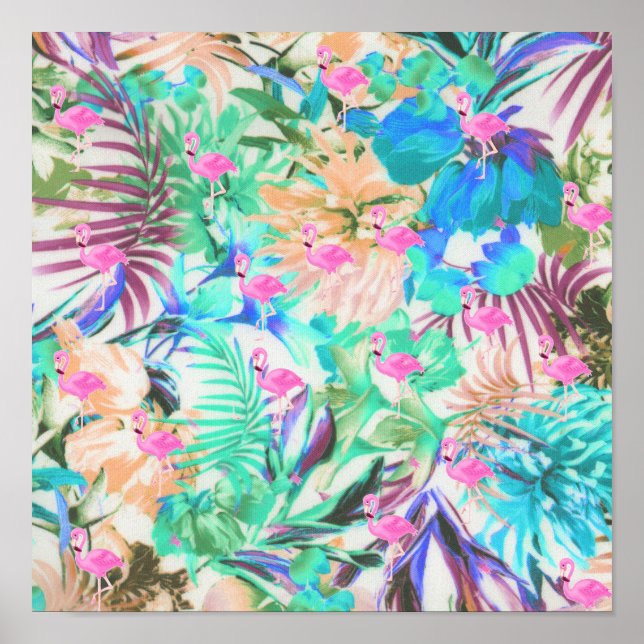 Trendy tropical teal pink floral flamingo poster (Front)