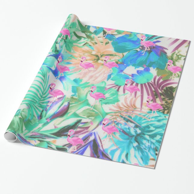 Trendy tropical teal pink floral flamingo wrapping paper (Unrolled)