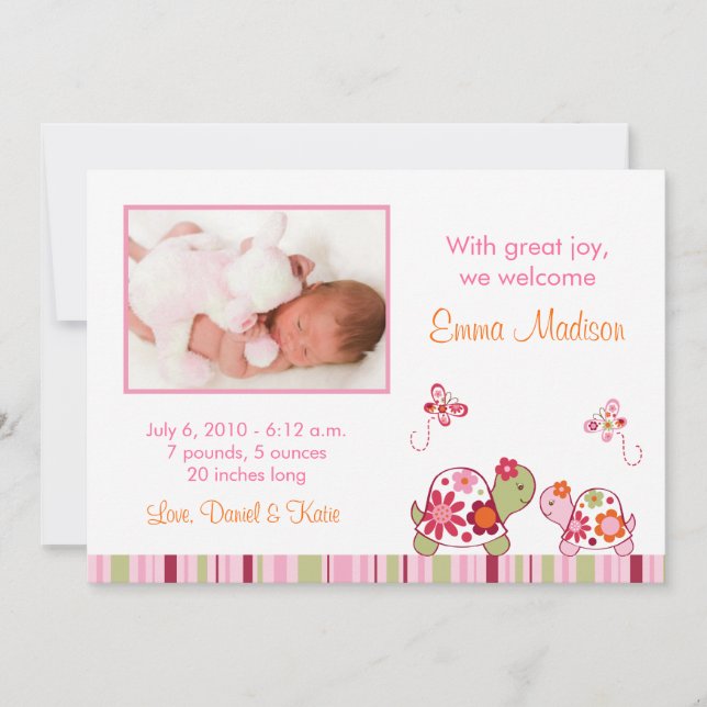 Trendy Tropical Turtle Photo Birth Announcements (Front)