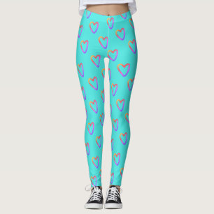 Trendy Turquoise Abstract Rainbow Hearts Pattern Leggings