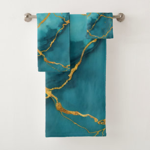 Trendy Turquoise Blue Gold Marble Collection Bath Towel Set