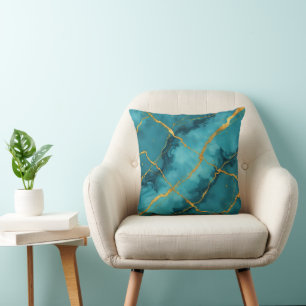 Trendy Turquoise Blue Gold Marble Collection Throw Pillow