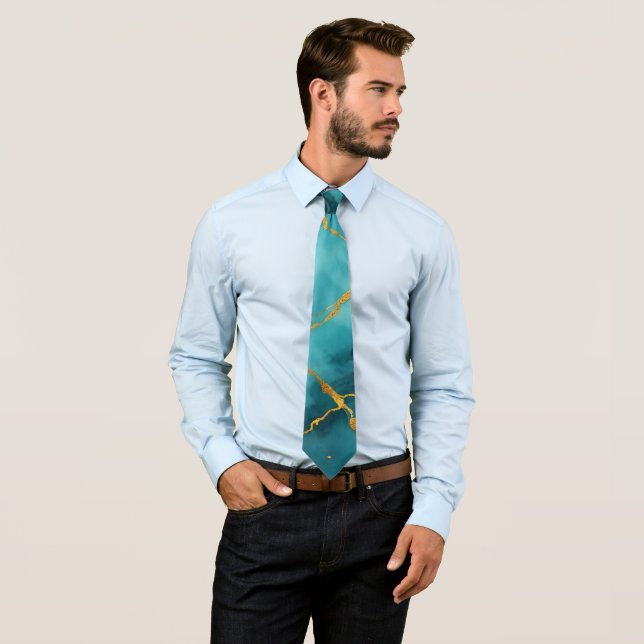 Trendy Turquoise Blue Gold Marble Collection Tie (In Situ)