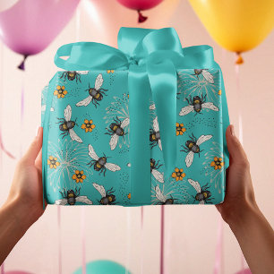 Trendy Turquoise Buzzing Spring & Summer Honeybee  Wrapping Paper