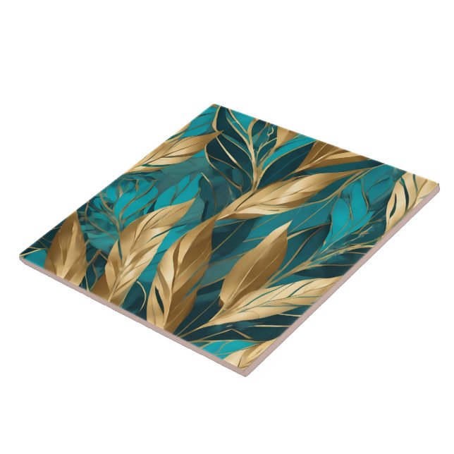 Trendy Turquoise Gold Boho Leaves Collection Tile (Side)